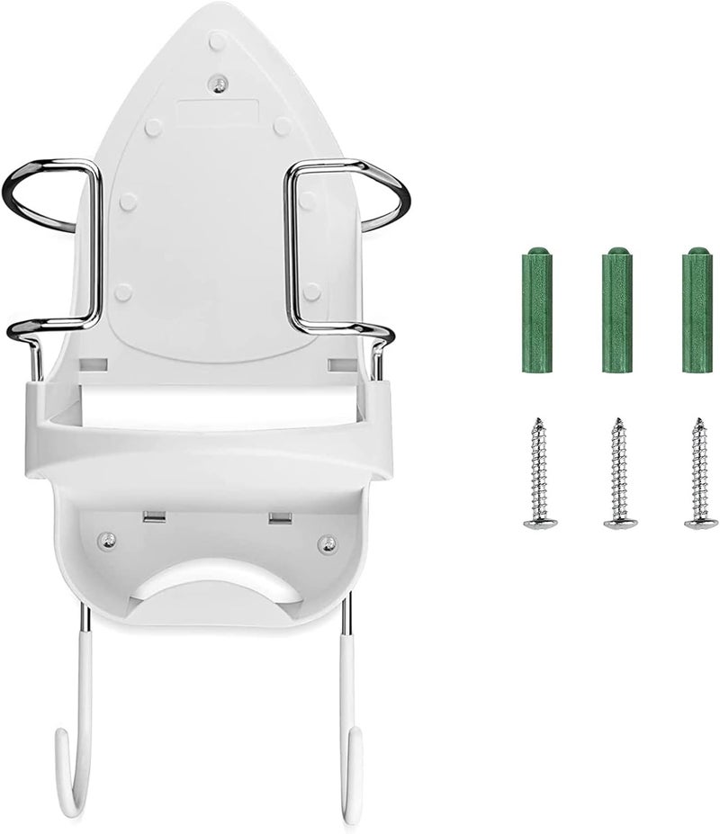 DOUBLE 2 C Wall Mount Iron Board Hanger and Ironing Board Storage Organizer Shelf With Removable Hooks for Household Bathroom Laundry Room (White) - Image 1